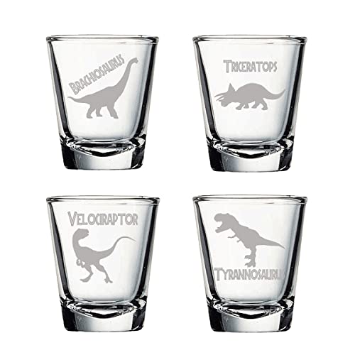 Brindle Southern Farms Jurassic Dinosaur Shot Glass Set of 4 Engraved 1.5 Ounce Glasses, Dinosaur Housewarming, Dinosaur Party Favor for Adults, Clear Glass