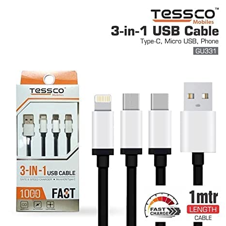 Image of (Tessco GU-331) 3 in 1 USB Cable for Type-C, Micro USB, for All Smartphones, Tablet with Rapid Charging Support (1M, Black)