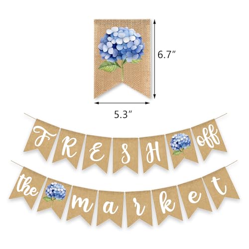 Image of Fresh Off The Market Bridal Shower Banner Farmer's Floral Bachelorette Party Supplies Blue Hydrangea Burlap Garland