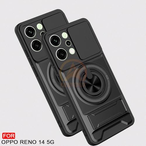 Image of Oppo Reno 14 5G Back Cover | Armor Camera Slider 360 Degree Rotating Finger Ring Holder Case with Bracket Stand Back Case Cover (Compatible with MagSafe Accessories) (Black)