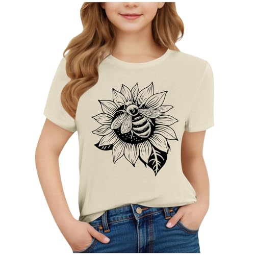 Girls Sunflower Butterfly Print Summer T-Shirts Short Sleeve Casual Tops Loose Crewneck Basic Tees for Kids 3-15 Years