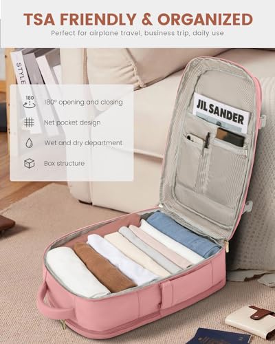 Image of LOVEVOOK Travel Backpack For Women, 40L Carry On Backpack Flight Approved, TSA Personal Item Backpack Fits 17 Inch Laptop, Business Weekender Overnight Waterproof Daypack With 2 Packing Cubes, Pink