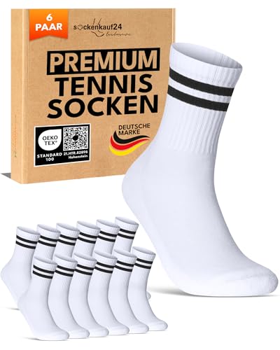 sockenkauf24 6 Paar Tennissocken Herren 39-42 Weiß Sportsocken Atmungsaktiv Herrensocken Baumwolle Retro Crew Socken (Weiß Ringel 39-42)