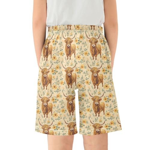 Highland Cattle Flower Pattern Sleep Shorts Summer Pajama Shorts Elastic Waist Sleep Bottoms with Pockets 6-14 Years2