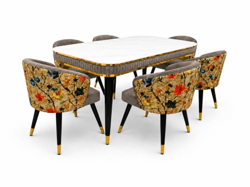 Image of WOODEN SPACE 6-Seater Wooden Dining Table Set | Nano Composite Marble Top | Solid Wood Base | Modern Dining Room Furniture with 6 Chairs (Printed Brown)