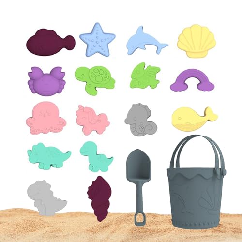 CHSEEO Jeux de Plage, Plage Bebe en Silicone, Jouet de Plage Enfant, 18 Pièces avec Seau Plage Pliant, Modèle Animal, pour Bac a Sable Intérieur Extérieur Jouets de Jardin