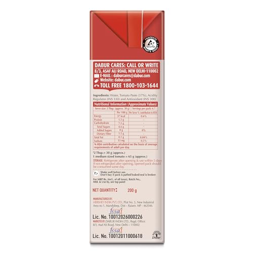 Image of Dabur Hommade Tomato Puree : Made from 100% Ripe Tomatoes with No Added preservatives - 200 gm (Pack of 3)