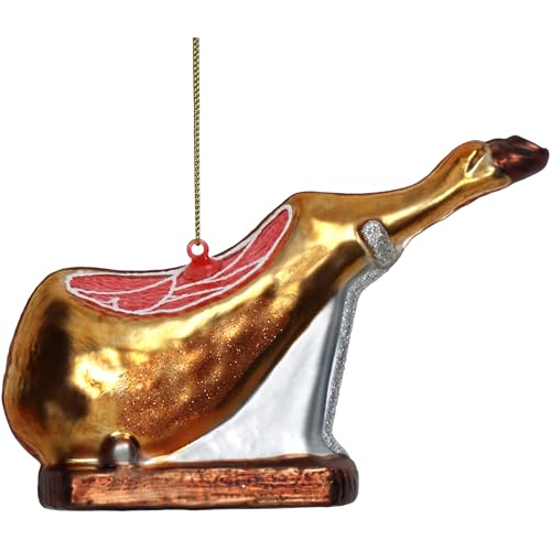 Adorno para árbol de Navidad de cristal, 15,2 cm, para colgar, pintado a mano y con purpurina, colgante para árbol de Navidad y decoración de árbol de Navidad, jamón dorado