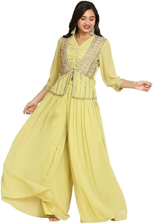 madhuram textiles Women's Georgette Embroidery Crop Top With Flared Jacket Palazzo and Shrug Set