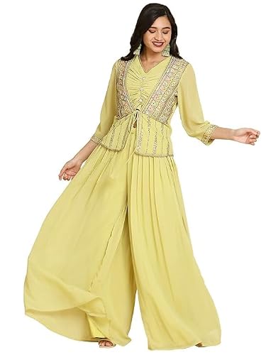 madhuram textiles Women's Georgette Embroidery Crop Top With Flared Jacket Palazzo and Shrug Set (US, Alpha, X-Large, Regular, Regular)