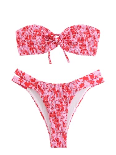 GORGLITTER Women's Strapless Bandeau String Bikini Set Floral Bow Swimsuit High Waisted Smocked Bathing Suit