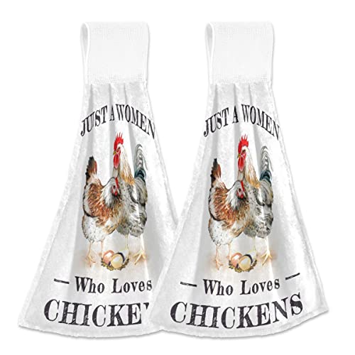 Just A Woman Who Loves Chickens Hanging Hand Towels Autumn Farm Kitchen Dish Towel With Loop 2 Pack Soft Coral Velvet Fingertip Towel Rooster Kitchen Decor Multi-Purpose Kitchen Dish Towel 12" X 17" #TOP17