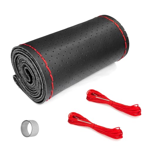 Hirificing Leather Steering Wheel Cover Wrap, Stitch on Lace Up, Universal 15 Inch Breathable Anti-Slip DIY Hand Sewn Car Steering Wheel Protector with Needle Thread kit(Black/Red Line, Hole)