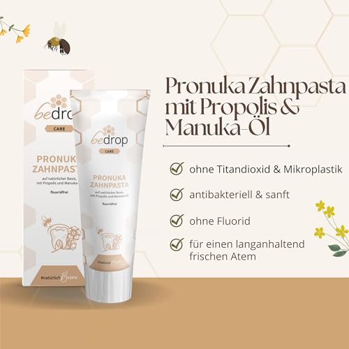 bedrop Pronuka Zahnpasta mit Propolis & Manuka-Öl fluoridfrei, natürlich, ohne Mikroplastik & ohne Titandioxid, natürliche Zahncreme mit Zitrone-Minze Geschmack (75ml)
