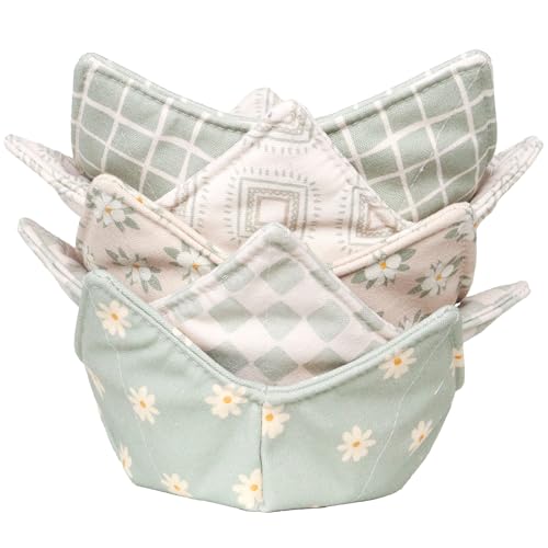 ROGITU Cotton Microwavable Bowl Cozy, Microwave-Safe Hot Bowl Holders, Soup bowl Cozy Hot Pads (Light Green)