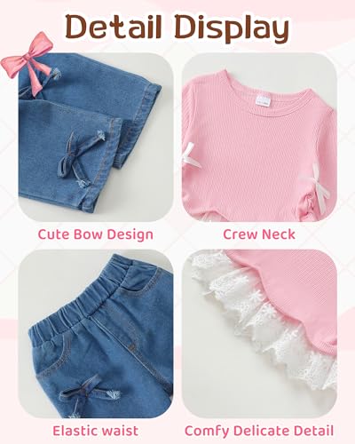 Image of Kucnuzki Toddler Baby Girl Clothes Long sleeve Fall Winter Shirt Tops Baggy Jeans Pants Set Kids Girls Outfits 2 Piece