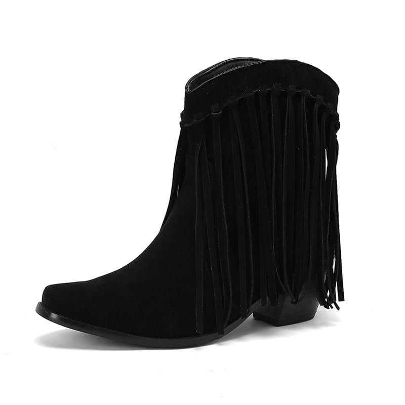 Seborluys Fringe Ankle Cowboy Boots for Women Pull on Fringe Short Cowgirl Booties Western Fringed Tassel Ankle Boots