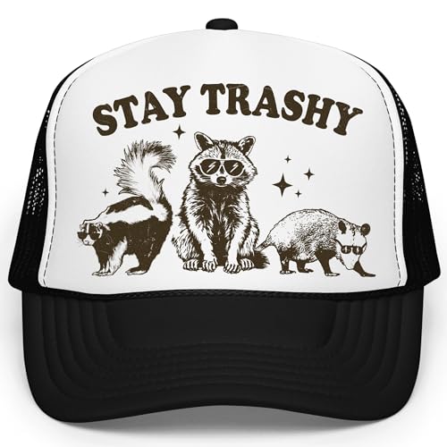 Stay Trashy Funny Raccoon Graphic Classic 5 Panel Mesh Snap Back Trucker Hat Black Trucker Hat