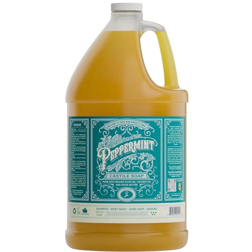 Image of Carolina Castile Soap Peppermint Scent - Certified Organic Base, High Olive Oil Content, Non-Drying, Made with Organic Oils, Concentrated Natural Body Wash for Men and Women (Peppermint, 1 gallon)