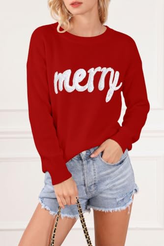 Image of LEMAFER Women 2026 Merry Christmas Round Neck Sequin Letters Sweater Casual Solid Slogan Long Sleeve Pullover Sweatshirt Tops