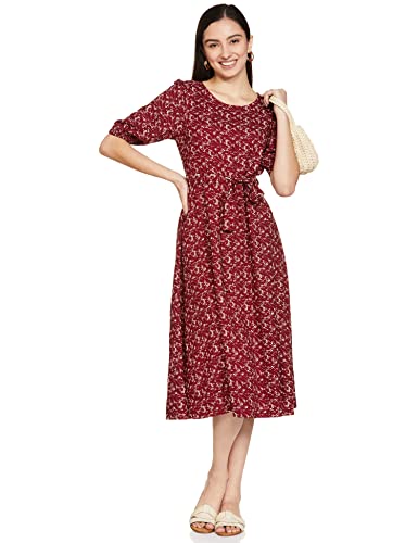Image of Amazon Brand - Symbol Women Rayon Fit and Flare One Piece Midi Length Dress (with Self Fabric Belt) (Available in Plus Sizes)