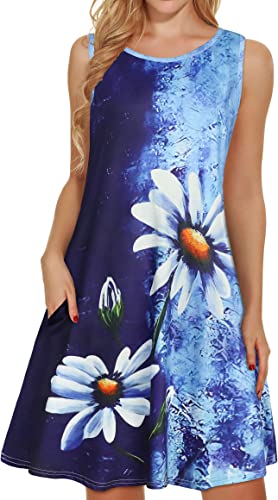Gosunny Damen Casual Tunika Kleid Kurz Knielang Sommerkleid Rundhals Hawaii Lose Mini Blusenkleider(Marineblauer Druck,L)