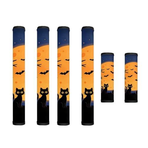 Image of Fridge Door Handle Covers Set of 6 Kitchen Appliance Decor Handles Glove Anti-Slip Protectors Washable Fabric Fall Halloween Decoration, Black Cat Moon Bat Print