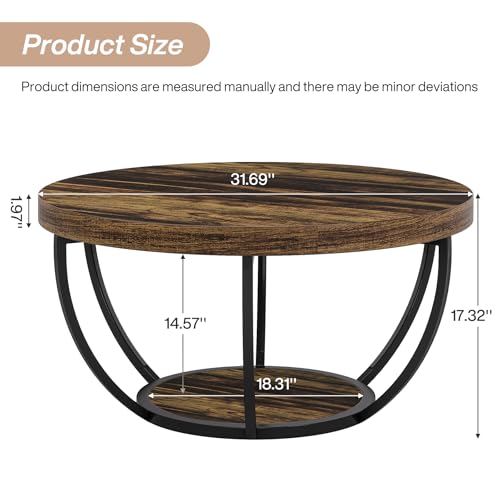 Tribesigns Round Coffee Table, Industrial 2-Tier Circle Coffee Table with Storage Shelves, Modern Wooden Accent Center Table Sofa Side Table for Living Room, ‎‎‎Rustic Brown and Black