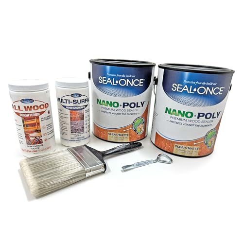 Seal-Once Nano+Poly Kit: 2 Gallons of Nano+Poly Clear Wood Sealer, 1 lb Multi-Surface Cleaner Concentrate, 1 lb All Wood Brightener, Paint Brush, and Lid Opener – Durable, Eco-Friendly Protection