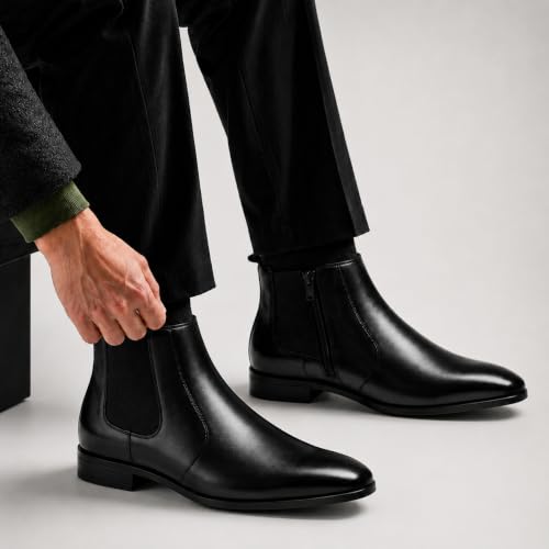 Image of Black Chelsea Boots for Men | Premium Leather Finish Ankle Boots with Side Zip & Elastic | Men's Formal Shoes, Casual Boots, Office Wear Stylish High Ankle Boot Shoes