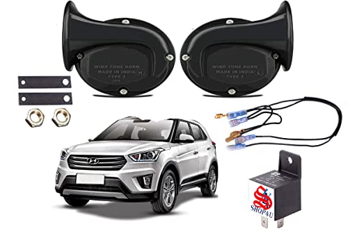 Image of Square Shape Car Windtone Horn with Relay and Wire for Hyundai Creta (Black) - Set of 2