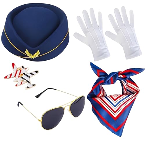 MmotZsb Flight Attendant Kostüm Damen, Stewardess Kostüm, Pilot Kostüm Damen, 5-teiliges Set mit Blauem Uniformlook, Inklusive Zubehör wie Schal...