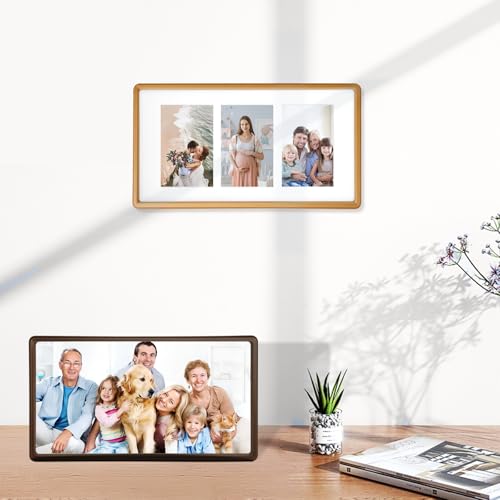 MIBYIBER 8x14 Collage Picture Frame Natural Walnut Solid Wood, 4x6 Collage Photo Frame Displays 3 Photos or 8x14 (Without Mat), Wooden Frame for Tabletop or Wall Mounting Display