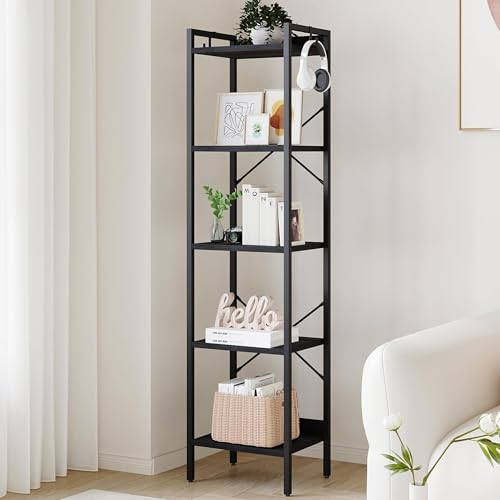 Hzuaneri Bookshelf, Book Shelf, Industrial Bookcase with 2 Hooks, Coner Shelf Storage Organizer for Home Office, Living Room, Bedroom, Kitchen, 5-Tier Black BC10504B