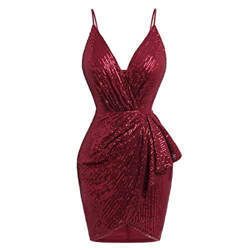 Robe de soirée moulante paillettes col V manche 3/4 robe cocktail rouge M