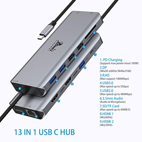 Usb C Docking Station Dual Monitor, 13 In 1 Triple Display Laptop Multiport Adapter Hub With 2 Hdmi+Dp+Ethernet+5Usb+Sd/Tf+Usb C Pd+Audio For Macbook Pro/Air/Dell/Hp/Lenovo/Thinkpad More Type-C Laptop #TOP1