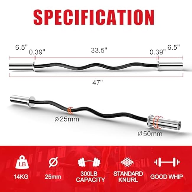 Olympic Barbell Curl Bar EZ Bar Strength Training Bar Threaded Chrome Barbell Bar for Weightlifting, Hip Thrusts, Squats and Lunges