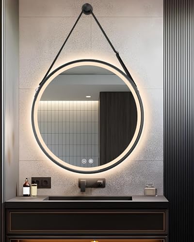 Dyqyym Espejo colgante de baño redondo LED espejo de tocador iluminado antivaho para exhibición de pared y decoración del hogar (blanco, 50 cm / 19,7 pulgadas) (dorado 70 cm / 27,5 pulgadas) (negro 50