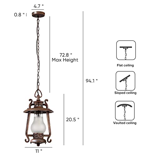 GZBtech Indoor Outdoor Ceiling Hanging Light, 110V Exterior Rust Red Finish Old-Fashioned Pendant Lighting with Frosted Glass Shade for Kitchen Over Table Front Porch Garage Patio Hallway