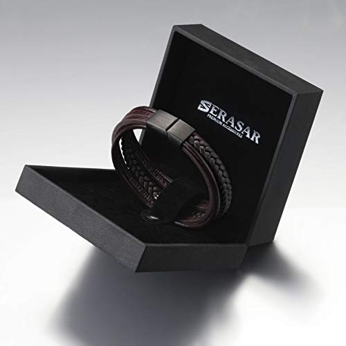 Serasar Leather Bracelet For Men - Male Bracelets Brown Cowhide Gift-Box Braided Bracelet Stainless Steel Jewelry Wrist-Band Cuff Wrap Rope Bangle Dad Man Boy Pulseras Para Hombres Cuero Regalo #TOP5
