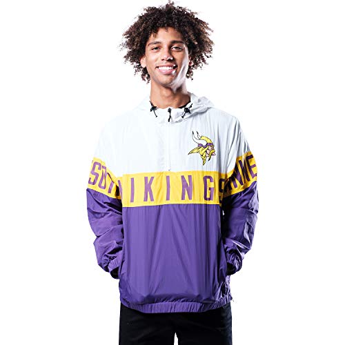 Ultra Game NFL Minnesota Vikings Mens Quarter Zip Packable Hoodie Windbreaker Jacket, White, Small