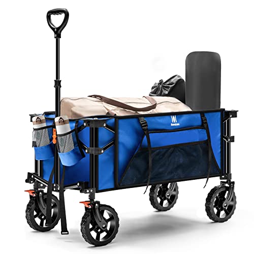 Image of Navatiee Collapsible Folding Wagon, Heavy Duty Foldable Wagon Cart with Side Pocket and Brakes, Large Capacity Utility Grocery Wagon for Garden Sports Outdoor Use