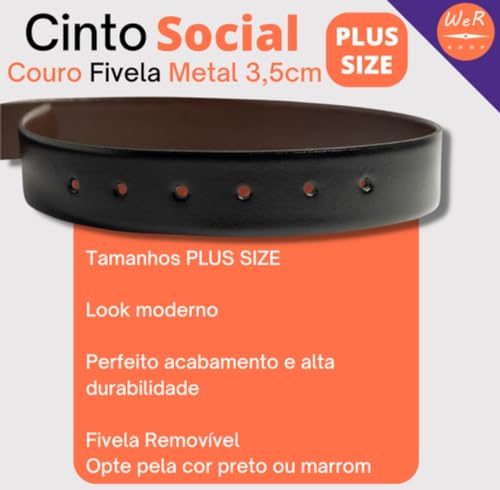CINTO MASCULINO WR FASHION COURO SOCIAL FIVELA PINO DUPLA FACE LARG 3,5 CM PLUS SIZE (PRETO/MARROM,