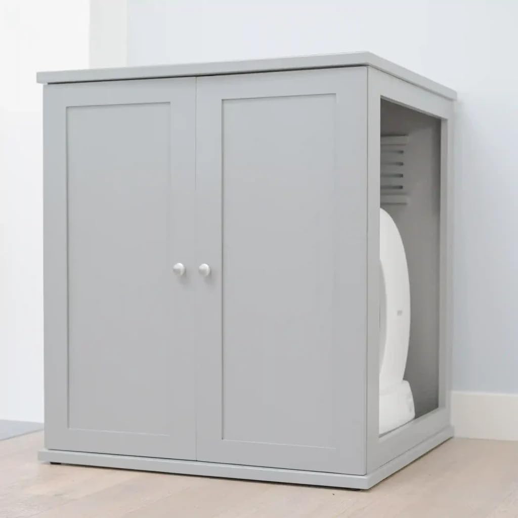 THE REFINED FELINE Refined Self-Cleaning Litter Box Cabinet, Wooden Cat Litter Box Enclosure for Automatic Litter Boxes, Smoke Gray, Shaker.