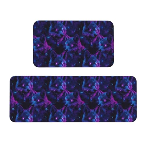 GVYGVY Antifatigue Kitchen Mats for Floor 2 Piece - Neon Wolf Head Print Kitchen Rugs Washable, Non Slip Runner Rug Standing Mat for Office/Bathroom/Laundry/Home Decor and Accessories