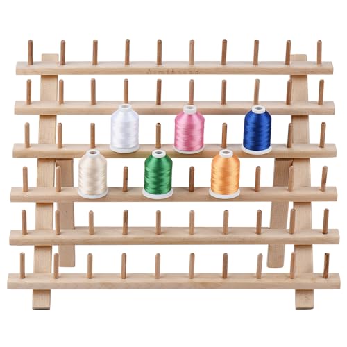 Image of Simthread [Upgraded 60 Spools Wooden Thread Holder, Thread Rack Organizer Stand with Hanging Hooks for Embroidery Sewing Hair Braiding