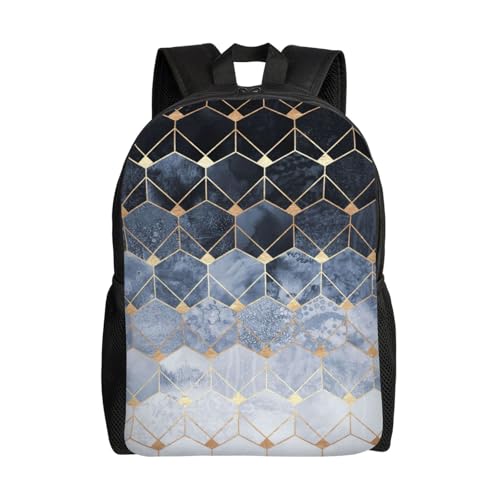 AYYQWE Mochila unisex impermeable de gran capacidad con estampado de hexágonos y diamantes azules para senderismo, camping, viajes al aire libre