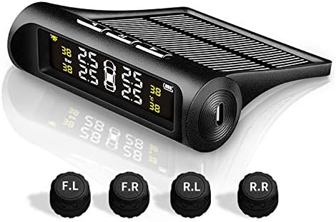 Backber Universal Solar Car Tyre Pressure Monitoring System with 4 External Sensors, External-Digital LCD Monitor, Auto Cars Safety Alarm (Black)