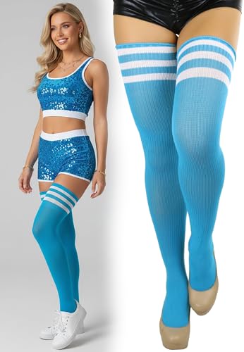 Image of ToBeInStyle Women's Heavyweight Knit Thigh High Long Socks w /Contrast 3 Stripe Top Band