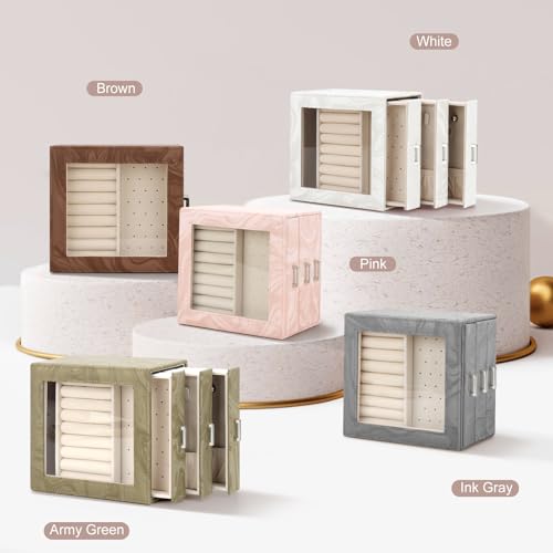 DesignSter Small Jewelry Box Organizer Case w/ 3 Side Drawers & Transparent Display Window (Brown) - image 8